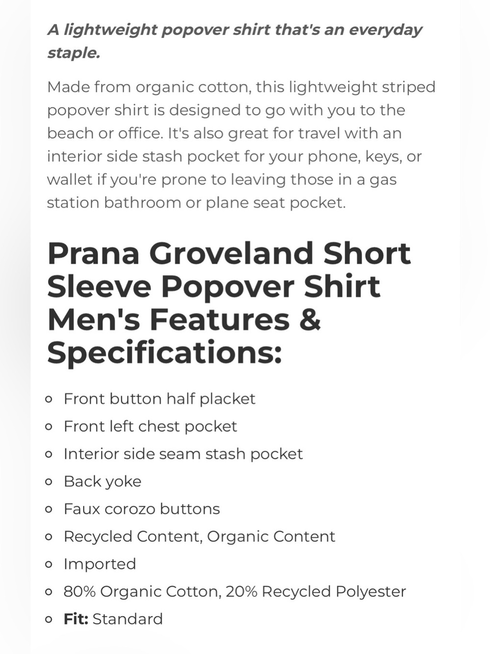 NWT Prana Men’s Groveland Popover Flint Short Sleeve Shirt- XL - Picture 5 of 11